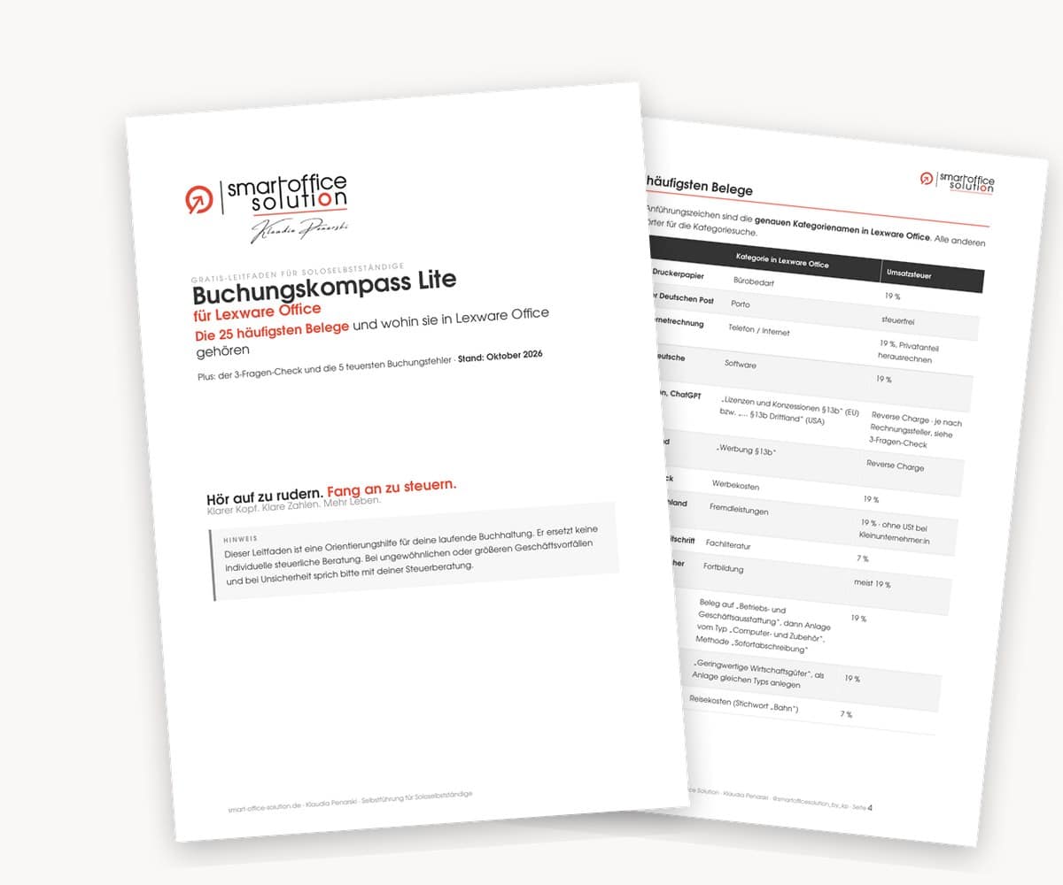 Buchungskompass Lite für Lexware Office: Titelseite und Belegseite
